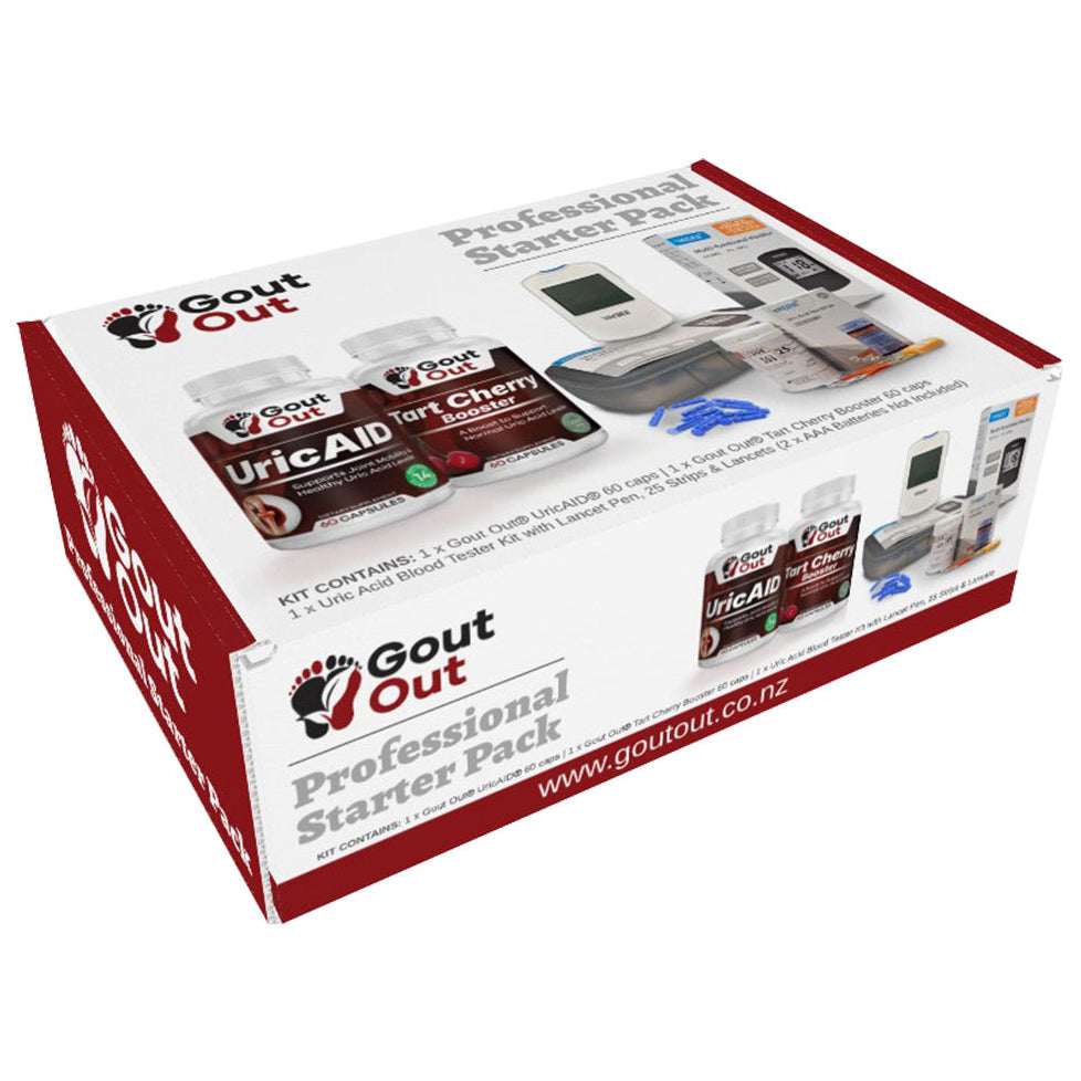 Packaging box for Gout Out Professional Starter Pack featuring images of Uric Acid Wellness Bundle components including UricAID capsules, Tart Cherry Booster capsules, and a Uric Acid Tester with lancets and strips.