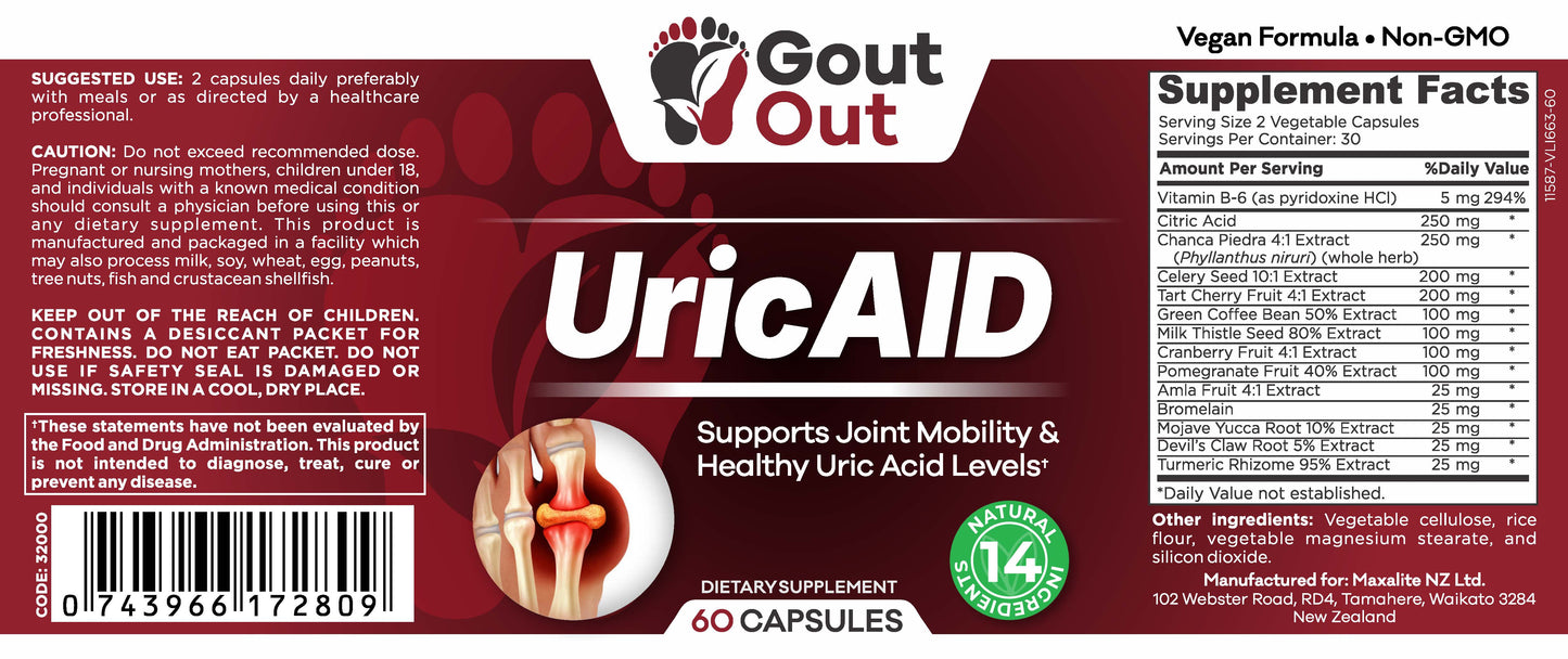 Gout Out® UricAID® – Daily Uric Acid & Joint Support (60 Capsules)
