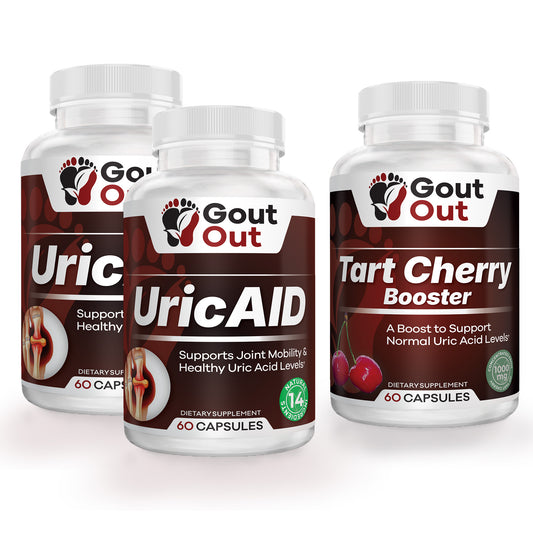Gout Out® 2 MONTH STARTER SUPPLEMENT PACK | UricAID® 120 Caps + Tart Cherry Booster 60 Caps